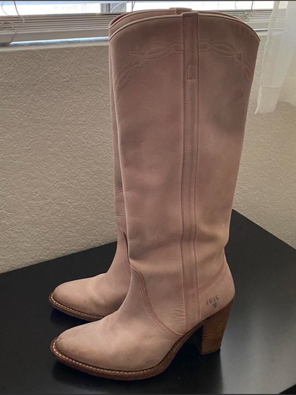 Frye Tall Suede Cowboy Boots in Blush Pink